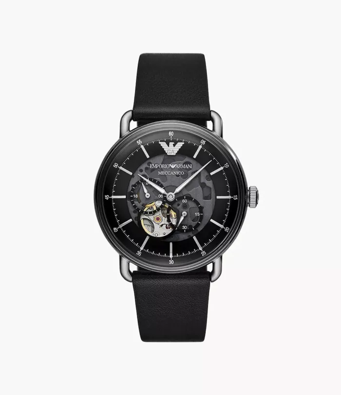 Emporio Armani Meccanico Skeleton Black Dial Black Leather Strap Watch For Men - AR60026 - Image 11